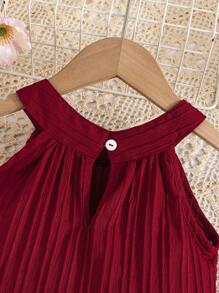 2pcs/Set Little Girls Summer Floral Halter Chiffon Ruffled Top And Shorts Set, Vacation Elegant Outfit - Burgundy - View 4