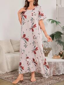Ruffle Edge Patchwork Floral Print Long Nightgown - Multicolor - View 3
