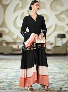 Al Najma 长款 V 领拼色长袖休闲长款阿拉伯长袍 - 彩色 - 查看 7