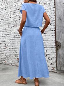 EMERY ROSE Bộ 2 áo thun tay ngắn và chân váy màu trơn đơn giản cho nữ - Màu xanh nhạt - Xem 2