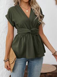 SHEIN LUNE Women's Casual Criss-Cross Shirred Waist Twist Hem Mini A-Line Dress With Rolled Edge Short Sleeves Blouse, Boho Festival Holiday Vacation Commute Style, Spring/Summer - Army Green - View 7