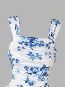 Tween Girls' Light Blue Chinoiserie Floral Print Ruched Sweet Dress,Holiday Summer Travel Summer Holiday