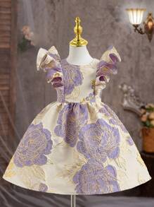 年轻女孩蝴蝶结装饰拉链后背简约优雅连衣裙 - 紫色 - 查看 2