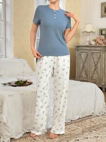 CottageSlumber 2pcs Solid Color Ribbed Half-Button Short Sleeve Top And Ditsy Floral Pants Women Pajama Set Holiday Season, Vacation