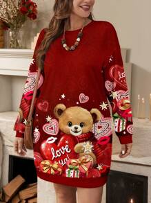 SHEIN LUNE Plus Size Women Valentine's Print Long Sweatshirt Dress, Suitable For Summer - Red - View 5