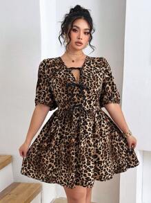 Elenzga Plus Size V-Neck Leopard Print Bow Puff Sleeve Dress - Multicolor - View 1