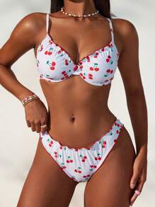 Swim Mod Dames schattige kanten bloemen kersenprint badmode set badpakken en zwembroeken, voor zomer strandvakantie