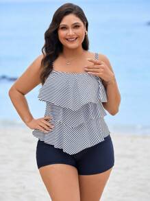 Swim Lushoire Women Plus Size 2pcs Striped Printed Supportive Adjustable Strap Casual Holiday Summer Beach Vacation Tankini Swimwear - Multicolor - View 5