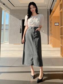 DAZY Washed Straight Cut Slit Women's Denim A-Line Skirt Jeans Skirt