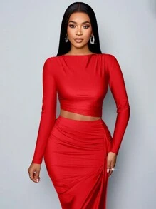 SOLERSUN Women's 2pcs Set Solid Color Elegant Casual Simple Asymmetrical Collar Long Sleeve T-Shirt And Slim Pleated Side Slit Long Skirt Two Pieces Set Fall Cloth For Women - Red - View 6