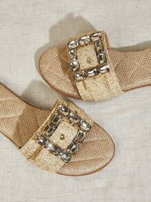 SHUZIA Women's Luxurious Big Rhinestone Buckle Open Toe Quilted Insole Flat Rafia Slides Versatile, Comfortable Spring Break Easter Vacation Shoes Casual Shoes Beach Shoes