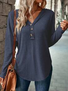 SHEIN LUNE Women's Solid Color Button Front Long Sleeve Basic Casual Top, Everyday Wear Fall Cloth For Women