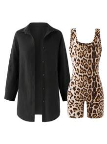 Girls Casual All-Match Versatile Commuting American Style Black Long Sleeve Resort Woven Long Shirt + Leopard Print Fitted Tank Top Jumpsuit Set - Black - View 3