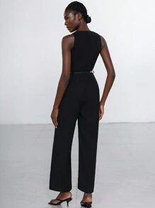 Aveloria Modichic 黑色 V 领简约精致纽扣闭合腰部收紧皮带女式连体裤，修身复古风格