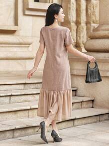 DAZY Elegantes Chiffon-Patchwork-Midikleid mit Puffärmeln für Frauen, Rüschen - Pink - Übersicht 2