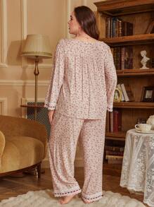 Retro Ditsy Floral Print Plus Size Pajama Set With Contrast Satin Trim - Multicolor - View 2