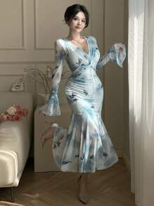 DAZY Full Floral Print V-Neck Bubble Puff Sleeve Fishtail Midi Dress For Women,Ruffle,Fall Dress Long Sleeve Dress - Blue - View 6