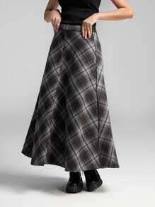 LYSMO Dames Hoge Taille Plaid Lange Casual Forensenrok