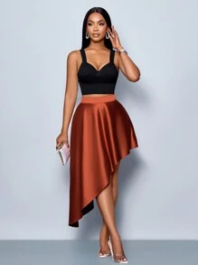 SOLERSUN Women's Solid Color Elegant Valentines Party A-Line High Waist Asymmetrical Hem Satin Long Skirt - Brown - View 3