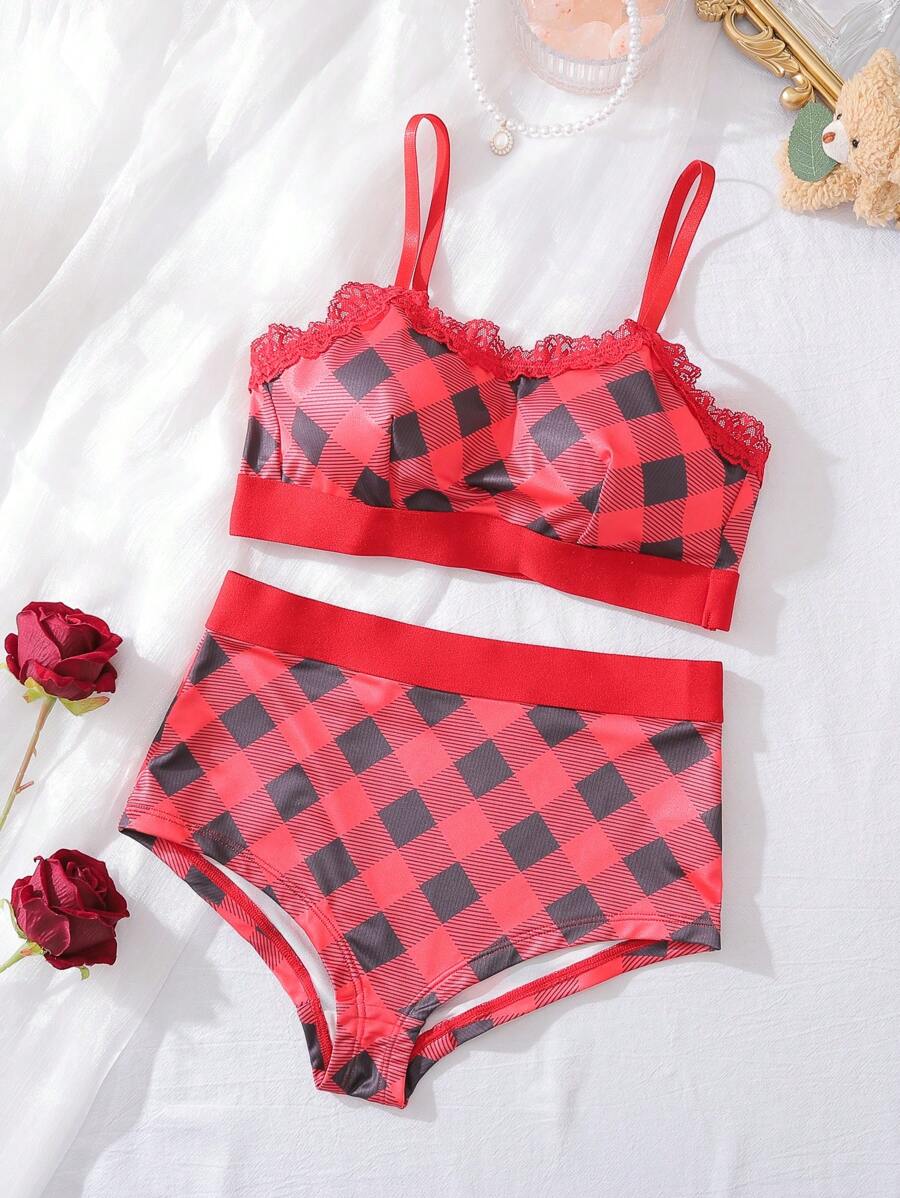 2pcs Casual Comfortable Plaid Bra And Panty Set For Teen Girls - Red - View 1