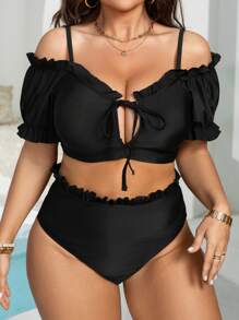 SHEIN Swim Curve Summer Plus Size Women's 2 Pieces Bikini Set, V-Neck Tie Front, Ruffled Puff Sleeve, Sweet Solid Black, Casual Fashion Beach Outfit