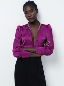 Aveloria Modichic Elegant Sexy Contrast Color Rhinestone Decor Glossy Satin Pleated Texture Long Sleeve Mid-Length Blouse For Women, Spring Fall Cloth For Women - Purple - View 7