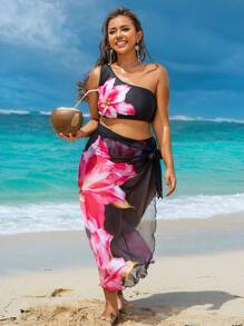 Swim Vcay 大码女式三件套黑色 3D 百合花卉单肩上衣、高腰下装和裙子泳装套装，适合夏季海滩度假 - 黑色 - 查看 6