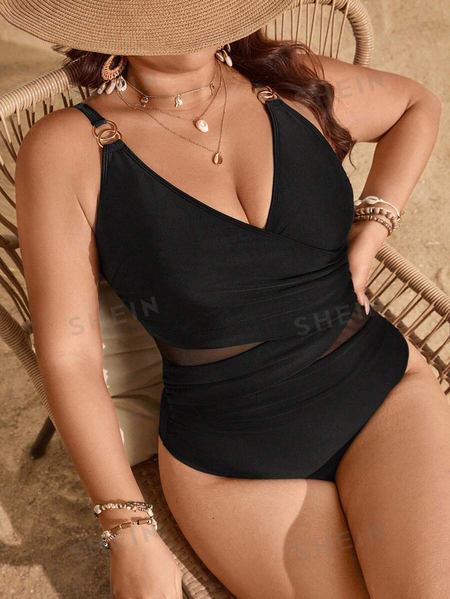 Swim Lushoire Traje de baño de una pieza de unicolor elegante y de talla grande, ropa de playa minimalista para mujer