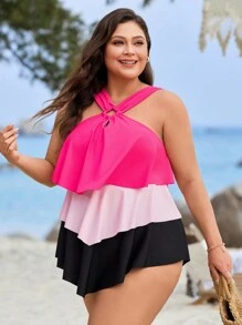 Swim Lushoire 2pcs Plus Size Women Multi-Color Multi-Layer Ruffle Hem Sleeveless Crop Top And Triangle Bottoms Summer Beach Vacation Halter Tankini Swimwear - Multicolor - View 4