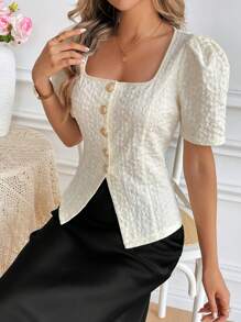Calvaya Blusa casual de mujer con cuello cuadrado, mangas abullonadas, cintura ceñida y abertura en el bajo para primavera/verano