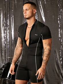 FeverCity Men's Contrast Line Splice Front Zipper Short Sleeve Casual Jumpsuit & Bib Pants - Black - View 1