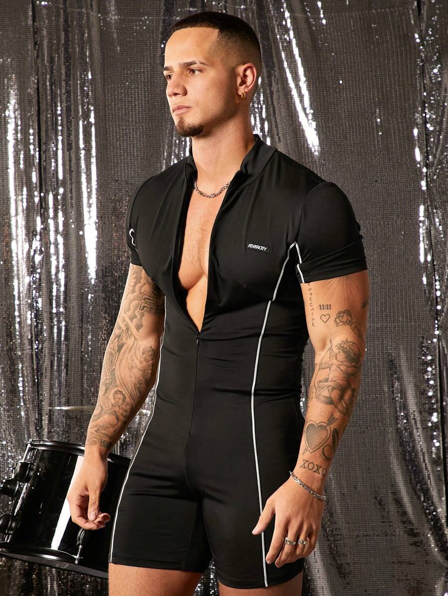 FeverCity Men's Contrast Line Splice Front Zipper Short Sleeve Casual Jumpsuit & Bib Pants - Black - View 1
