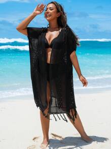 Swim Vcay Summer Plus Size Women New Holey Tassel Cardigan Knit Cover-Up For Beach Vacation