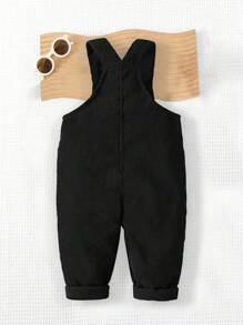 SHEIN Playful Pals 1 件装男婴焦糖棕色灯芯绒连体裤，配有可爱的泰迪熊刺绣贴片和配套的双色纽扣，舒适的复古风格适合秋冬季外出、度假和日常穿着 - 黑色 - 查看 2