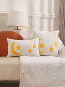 1pc Ramadan Decorative Pillow Case, Canvas Embroidered Crescent Moon - Multicolor - View 1