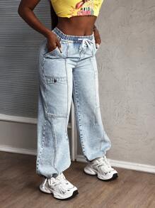 SHEIN Slayr Women's Drawstring Waist Pocket Elastic Waist Jeans - Light Wash - View 5