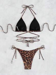 Summer Random Printed Sexy Leopard Strap Triange Bikini Set - Multicolor - View 5