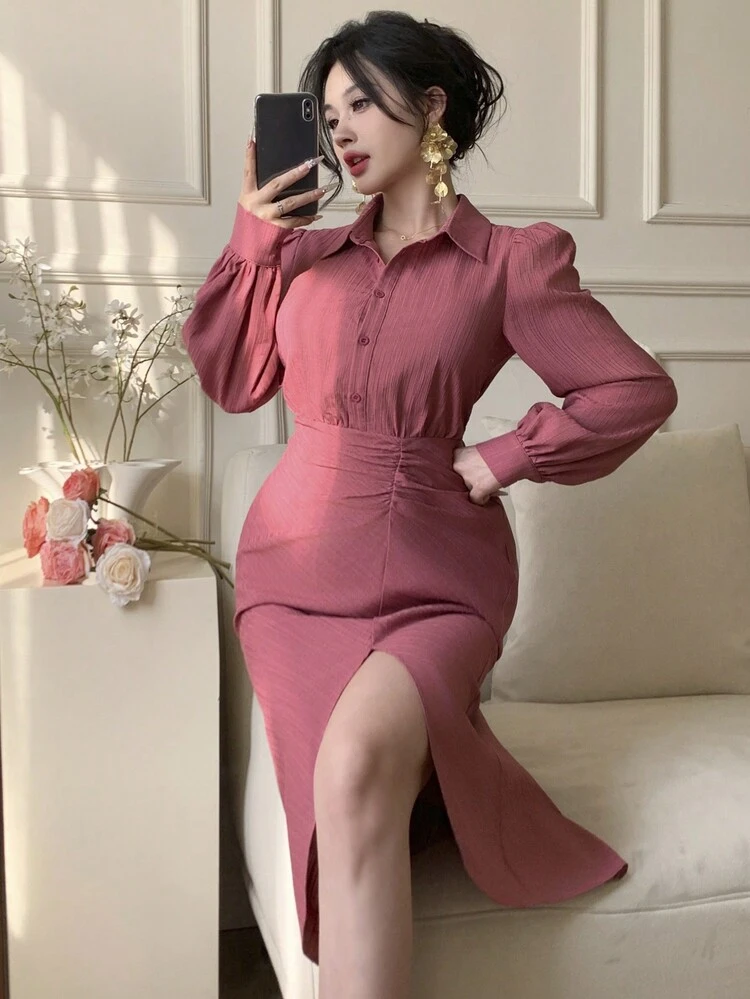 Plain Textured Button-Up Midi Dress With Gathered Waist And Side Slit For Women,Fall Dress Long Sleeve Dress