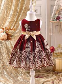 女童前系带无袖优雅图案细节连衣裙 - 酒紅色 - 查看 1