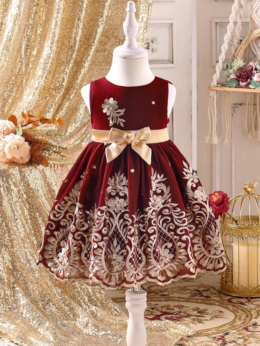 女童前系带无袖优雅图案细节连衣裙 - 酒紅色 - 查看 1
