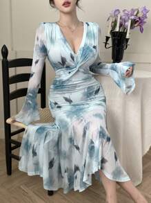 DAZY Full Floral Print V-Neck Bubble Puff Sleeve Fishtail Midi Dress For Women,Ruffle,Fall Dress Long Sleeve Dress - Blue - View 8