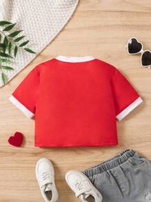 SHEIN Cute Red Heart Print Crop Top For Tween Girls Summer Casual Short Sleeve,Holiday,Summer,Travel - Multicolor - View 2