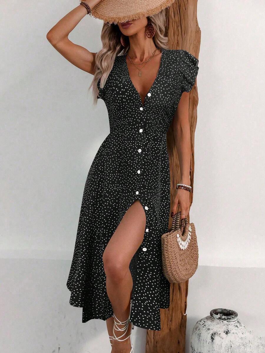 Breezaya Women Front Button Down Allover Print Casual Dress