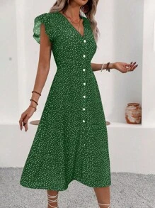 Breezaya Vestido casual con botones delanteros y estampado completo para mujer