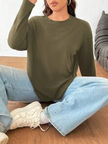 Solflare Plus Size Solid Color Crew Neck Long Sleeve Casual Top - Army Green - View 1