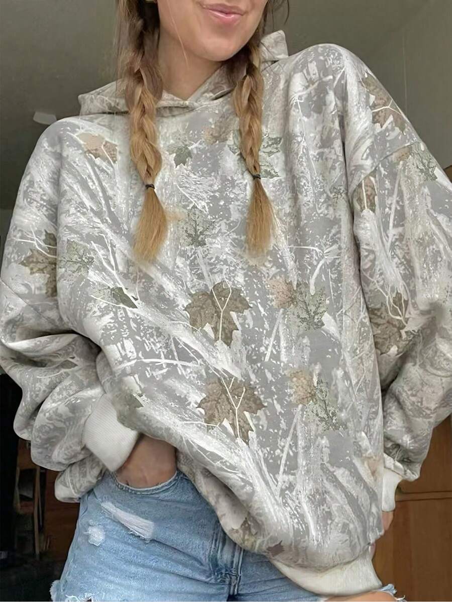 SHEIN EZwear 女士树叶印花长袖休闲宽松连帽卫衣，适合毕业季、返校季、教师节等场合，秋季返校套头衫。 - 彩色 - 查看 1