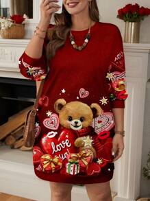 SHEIN LUNE Plus Size Women Valentine's Print Long Sweatshirt Dress, Suitable For Summer - Red - View 4