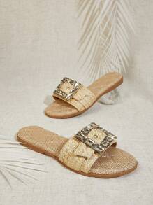 SHUZIA Women's Luxurious Big Rhinestone Buckle Open Toe Quilted Insole Flat Rafia Slides Versatile, Comfortable Spring Break Easter Vacation Shoes Casual Shoes Beach Shoes