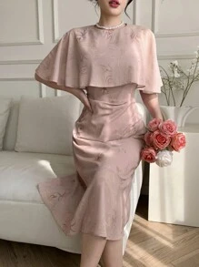 DAZY 女士花卉印花中长连衣裙，带荷叶边下摆舞会礼服，女士正式连衣裙 - 粉色 - 查看 6