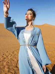 Layrah 花卉刺绣长袖休闲浅蓝色手工珍珠装饰，朴素长袍 Abaya - 霧霾藍 - 查看 5